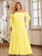 Dentelle Et Mousseline Manches Longues Robes Avec Poches Citron Grande Taille