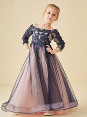 Robe de Demoiselle d'Honneur en Tulle Perles avec Manches 3/4