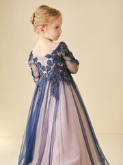 Robe de Demoiselle d'Honneur en Tulle Perles avec Manches 3/4
