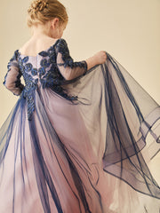 Robe de Demoiselle d'Honneur en Tulle Perles avec Manches 3/4