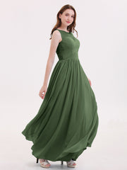 Robes Longues Mousseline avec Col d'Illusionline Olive Verte