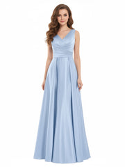Dos Nu Longue Satin Robe avec Col en V Bleu Ciel