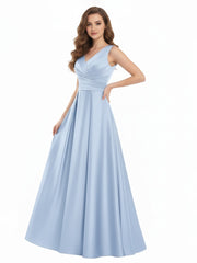 Dos Nu Longue Satin Robe avec Col en V Bleu Ciel