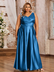 Dos Nu Longue Satin Robe avec Col en V Bleu Océan Grande Taille