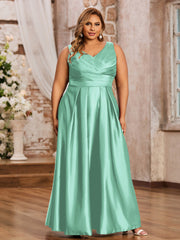 Dos Nu Longue Satin Robe avec Col en V Turquoise Grande Taille