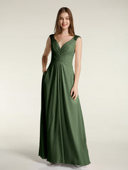 Dentelle Bretelles Col En V Mousseline Robes Avec Poches Olive Verte Grande Taille