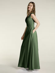 Dentelle Bretelles Col En V Mousseline Robes Avec Poches Olive Verte
