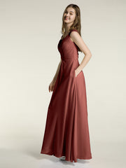 Dentelle Bretelles Col En V Mousseline Robes Avec Poches terracotta Grande Taille