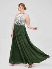 Licou Maxi Robe avec Ivoire Dentelle Bustier Olive Verte