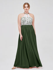 Licou Maxi Robe avec Ivoire Dentelle Bustier Olive Verte Grande Taille