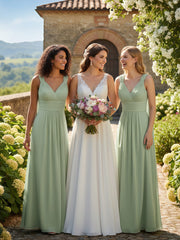 Robe en Mousseline à Col en V avec Bandes à Bretelles Arrière Sauge Poudrée