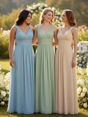 Robe en Mousseline à Col en V avec Bandes à Bretelles Arrière Sauge Poudrée