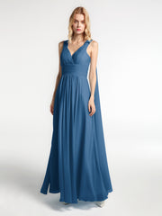 Robe en Mousseline à Col en V avec Bandes à Bretelles Arrière Bleu Encre Grande Taille