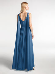 Robe en Mousseline à Col en V avec Bandes à Bretelles Arrière Bleu Encre Grande Taille