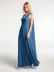 Robe en Mousseline à Col en V avec Bandes à Bretelles Arrière Bleu Encre Grande Taille
