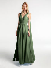 Robe en Mousseline à Col en V avec Bandes à Bretelles Arrière Olive Verte