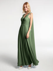 Robe en Mousseline à Col en V avec Bandes à Bretelles Arrière Olive Verte