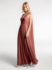 Robe en Mousseline à Col en V avec Bandes à Bretelles Arrière terracotta