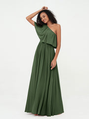 Robes Longues en Mousseline à Une Epaule avec Poches Olive Verte