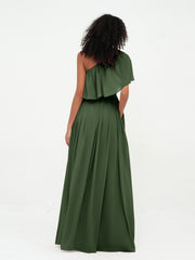Robes Longues en Mousseline à Une Epaule avec Poches Olive Verte Grande Taille