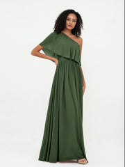 Robes Longues en Mousseline à Une Epaule avec Poches Olive Verte