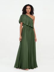 Robes Longues en Mousseline à Une Epaule avec Poches Olive Verte