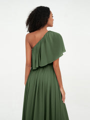 Robes Longues en Mousseline à Une Epaule avec Poches Olive Verte