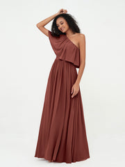 Robes Longues en Mousseline à Une Epaule avec Poches terracotta