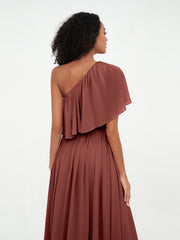 Robes Longues en Mousseline à Une Epaule avec Poches terracotta Grande Taille