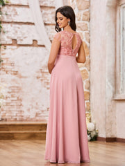 Maxi Robe de Maternité Empire à Col Illusion avec Haut en Dentelle Rose Poudré