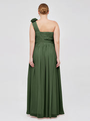 Une Epaule Mousseline Robe avec Fleurs Bretelle Olive Verte