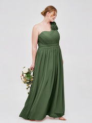 Une Epaule Mousseline Robe avec Fleurs Bretelle Olive Verte Grande Taille