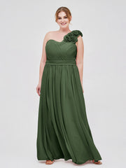 Une Epaule Mousseline Robe avec Fleurs Bretelle Olive Verte Grande Taille