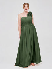 Une Epaule Mousseline Robe avec Fleurs Bretelle Olive Verte Grande Taille