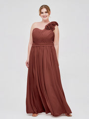 Une Epaule Mousseline Robe avec Fleurs Bretelle terracotta