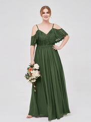 Robe Spaghetti Bretelle Dentelle et Mousseline Olive Verte