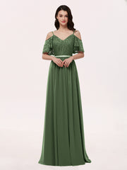 Robe Spaghetti Bretelle Dentelle et Mousseline Olive Verte