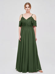 Robe Spaghetti Bretelle Dentelle et Mousseline Olive Verte