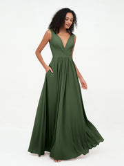 Robes Longues en Mousseline à Col en V avec Poches Olive Verte