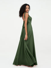 Robes Longues en Mousseline à Col en V avec Poches Olive Verte