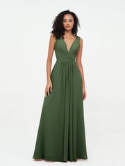Robes Longues en Mousseline à Col en V avec Poches Olive Verte