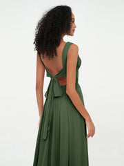 Robes Longues en Mousseline à Col en V avec Poches Olive Verte