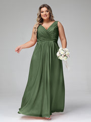 Robes Longues en Mousseline à Col en V avec Poches Olive Verte Grande Taille