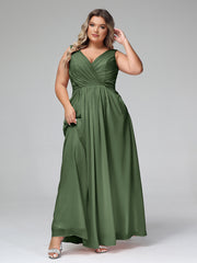 Robes Longues en Mousseline à Col en V avec Poches Olive Verte Grande Taille
