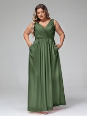 Robes Longues en Mousseline à Col en V avec Poches Olive Verte Grande Taille