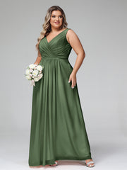 Robes Longues en Mousseline à Col en V avec Poches Olive Verte Grande Taille