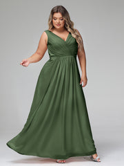 Robes Longues en Mousseline à Col en V avec Poches Olive Verte Grande Taille