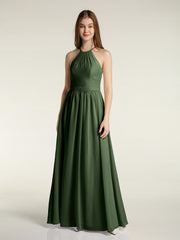 Licou Mousseline Robes Longues De Demoiselle d'Honneur Olive Verte Grande Taille