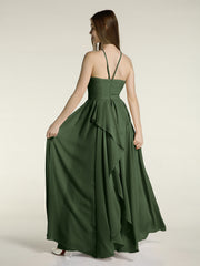 Licou Mousseline Robes Longues De Demoiselle d'Honneur Olive Verte