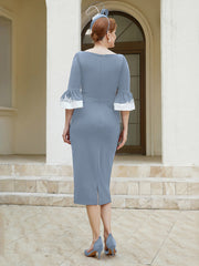 Robe Fourreau Plissée et Appliquée à Encolure en Scoop Bleu Poudré Grande Taille